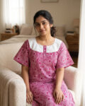 Churidar Model Cotton Nighty with Buttons, Hacoba Yoke, 57 Inches Long - Rose