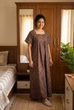 Front Open Ajrakh Cotton Nighty with Buttons, 57 Inches - Black - Image 2