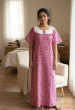 Churidar Model Cotton Nighty with Buttons, Hacoba Yoke, 57 Inches Long - Rose - Image 2