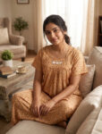 Traditional Cotton Nighty, 55 Inches Length - Orange