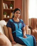 Churidar Model Cotton Nighty with Buttons, 55 Inches Long - Blue