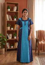 Churidar Model Cotton Nighty with Buttons, 55 Inches Long - Blue - Image 2