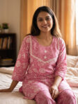 Night Suit In Cotton Fabric - Short Top And Pants - Rose