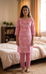 Night Suit In Cotton Fabric - Short Top And Pants - Rose - Image 2