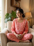 Night Suit In Cotton Fabric - Short Top And Pants - Peach