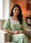 Churidar Model Cotton Nighty with Buttons, Hacoba Yoke,57 Inches Long - Light Green