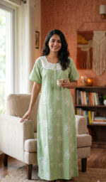 Churidar Model Cotton Nighty with Buttons, Hacoba Yoke,57 Inches Long - Light Green - Image 2