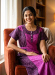 Churidar Model Cotton Nighty with Buttons, 55 Inches Long - Purple + Magenta