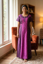 Churidar Model Cotton Nighty with Buttons, 55 Inches Long - Purple + Magenta - Image 2