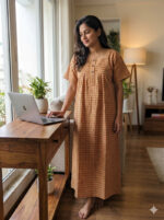 Comfortable Front Open Cotton Nighty With Buttons- 57 inches long - Yellow - Image 2