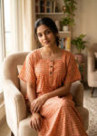 Comfortable Front Open Cotton Nighty With Buttons- 57 inches long - Orange