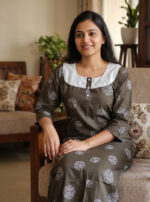 Churidar Model Cotton Nighty With Buttons, Hacoba Yoke, 3/4th Sleeves, 55 Inches - Ash