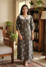 Churidar Model Cotton Nighty With Buttons, Hacoba Yoke, 3/4th Sleeves, 55 Inches - Ash - Image 2