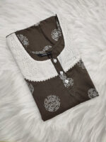 Churidar Model Cotton Nighty With Buttons, Hacoba Yoke, 3/4th Sleeves, 55 Inches - Ash - Image 3