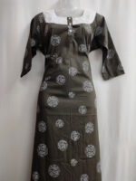 Churidar Model Cotton Nighty With Buttons, Hacoba Yoke, 3/4th Sleeves, 55 Inches - Ash - Image 4