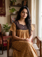Front Open Cotton Nighty With Buttons, 55 Inches - Yellow + Brown