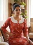 Churidar Model Cotton Nighty With Buttons, Hacoba Yoke, 3/4th Sleeves, 55 Inches