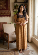 Front Open Cotton Nighty With Buttons, 55 Inches - Yellow + Brown - Image 2