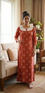 Churidar Model Cotton Nighty With Buttons, Hacoba Yoke, 3/4th Sleeves, 55 Inches - Image 2