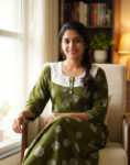 Churidar Model Cotton Nighty With Buttons, Hacoba Yoke, 3/4th Sleeves, 55 Inches - Olive Green