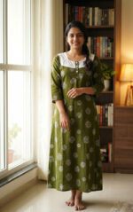 Churidar Model Cotton Nighty With Buttons, Hacoba Yoke, 3/4th Sleeves, 55 Inches - Olive Green - Image 2