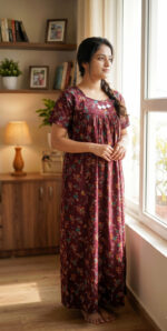 Traditional Cotton Nighty, 55 Inches Length - Maroon - Image 2