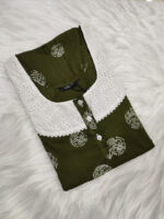 Churidar Model Cotton Nighty With Buttons, Hacoba Yoke, 3/4th Sleeves, 55 Inches - Olive Green - Image 3