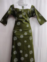 Churidar Model Cotton Nighty With Buttons, Hacoba Yoke, 3/4th Sleeves, 55 Inches - Olive Green - Image 4