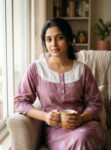 Churidar Model Cotton Nighty With Buttons, Hacoba Yoke, 3/4th Sleeves, 55 Inches - Onion Pink