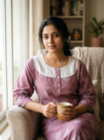 Churidar Model Cotton Nighty With Buttons, Hacoba Yoke, 3/4th Sleeves, 55 Inches - Onion Pink
