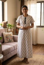 Churidar Model Cotton Nighty With Collar, 55 Inches - White + Black - Image 2