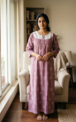 Churidar Model Cotton Nighty With Buttons, Hacoba Yoke, 3/4th Sleeves, 55 Inches - Onion Pink - Image 2