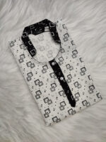 Churidar Model Cotton Nighty With Collar, 55 Inches - White + Black - Image 3