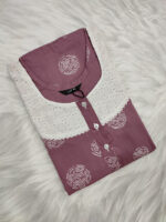 Churidar Model Cotton Nighty With Buttons, Hacoba Yoke, 3/4th Sleeves, 55 Inches - Onion Pink - Image 3