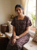 Front Open Cotton Nighty With Zip, 55 Inches - Brown + Multi Shade
