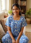 Front Open Cambric Cotton Nighty With Zip, 55 Inches - Blue