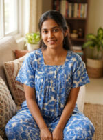 Front Open Cambric Cotton Nighty With Zip, 55 Inches - Blue