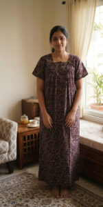 Front Open Cotton Nighty With Zip, 55 Inches - Brown + Multi Shade - Image 2