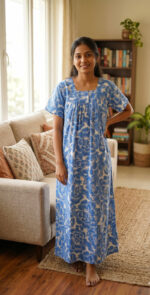 Front Open Cambric Cotton Nighty With Zip, 55 Inches - Blue - Image 2
