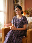 Front Open Cotton Nighty With Zip, 55 Inches - Blue + Multi Shade