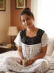Front Open Cotton Nighty With Buttons, 55 Inches - White + Black
