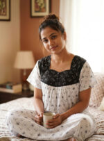 Front Open Cotton Nighty With Buttons, 55 Inches - White + Black