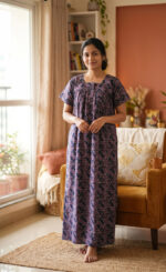 Front Open Cotton Nighty With Zip, 55 Inches - Blue + Multi Shade - Image 2