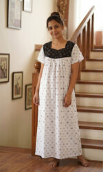 Front Open Cotton Nighty With Buttons, 55 Inches - White + Black - Image 2