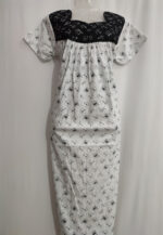 Front Open Cotton Nighty With Buttons, 55 Inches - White + Black - Image 4