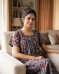 Front Open Cotton Nighty With Zip, 55 Inches - Maroon + Multi Shade