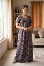 Front Open Cotton Nighty With Zip, 55 Inches - Maroon + Multi Shade - Image 2
