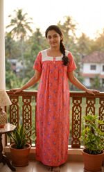 Front Open Cotton Nighty With Buttons, Hacoba Yoke, 55 Inches - Peach - Image 2