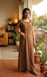 Churidar Model Cotton Nighty With Buttons, 55 Inches - Olive Green - Image 2