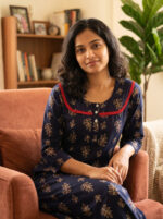 Churidar Model Cotton Nighty With Buttons, 3/4th Sleeves, 55 Inches - Blue